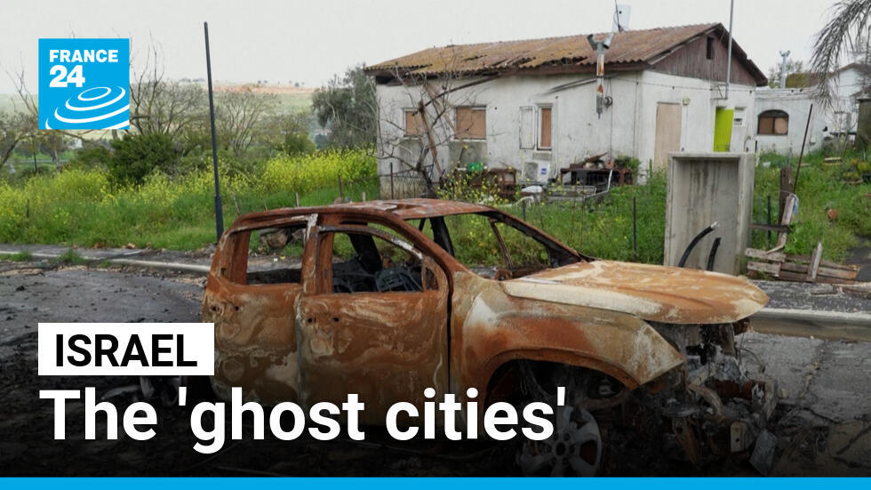 A burnt out car on a street in Metula, Israel on March 19, 2024.